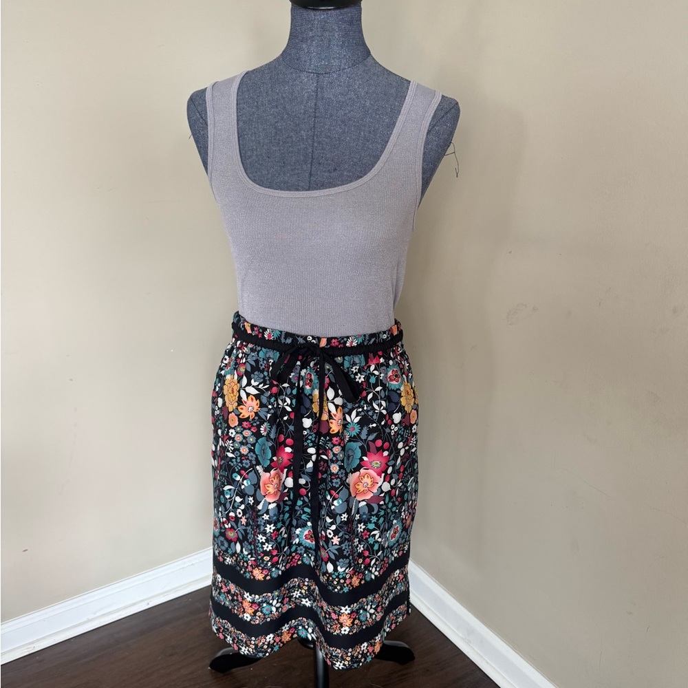 Loft Floral Black Striped Skirt Elastic and Drawstring Waist